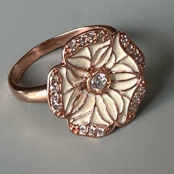 Rose Gold Art Deco Enamel Flower Statement Ring - Size 9.5 - Picture 10 of 11